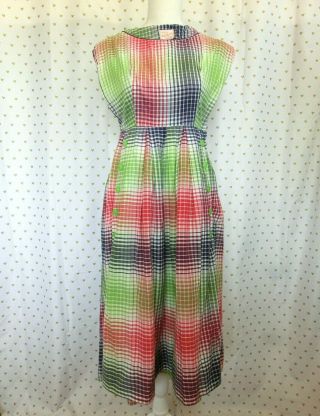 Vintage 40s 50s Red Blue Green Checkered Dress Pockets Buttons Sleeveless