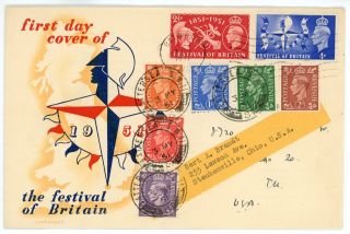 Gb 1951 Festival & Low Values (7v) Illustrated Fdc Battersea Cds Cat £150,