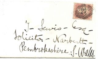 Gb 1857 1d Red Stars Cover With London 27 Numeral To Narbeth Pembrokeshire