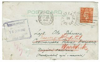 Great Britain 1942 Kingston - On - Thames Cancel On Card To Czech Forces