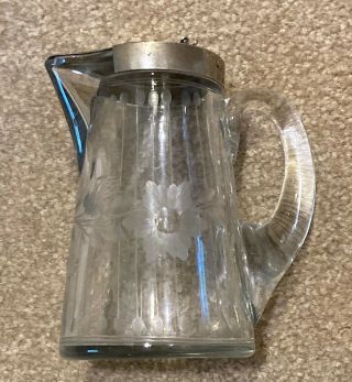 Rare Antique 1910 Heisey Etched Floral Glass Lidded Hinge 5 " Tall Syrup Pitcher