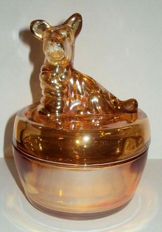 Vintage Jeanette Marigold Scottie Dog Carnival Glass Powder Trinket Covered Dish