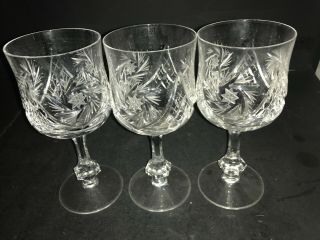 Set Of 3 Crystal Cut Wine Water Glasses Goblets Pinwheel Pattern 7 " Tall