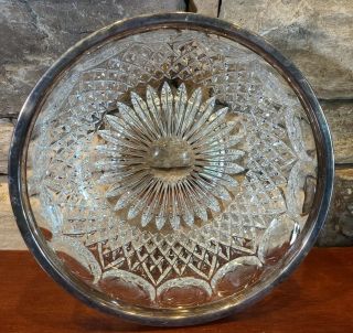 Vintage Heavy Crystal Cut Glass Serving Bowl Silver Plate Rim