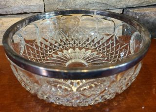 Vintage Heavy Crystal Cut Glass Serving Bowl Silver Plate Rim 2