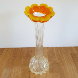 Vintage Retro Murano Style Art Glass Clear Stem Vase With Yellow & Orange Flower