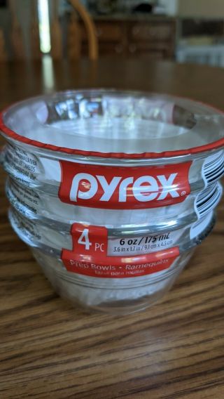 Pyrex Custard Cups Set Of 4 (175 Ml) 6 Oz Clear Glass 463 Scalloped Edge 3 Band