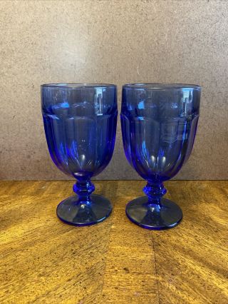 2 Libbey Duratuff Cobalt Blue Water Iced Tea Wine Goblets Glasses Usa Vn