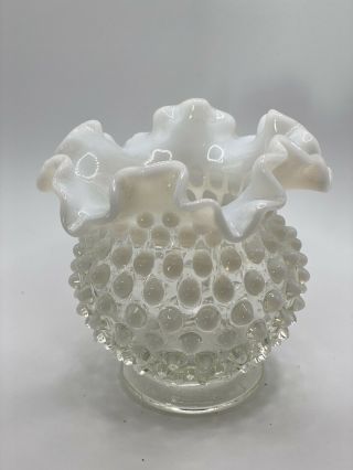 Vintage Fenton Clear / White Opalescent Hobnail Ruffled 4 1/4 " Glass Vase