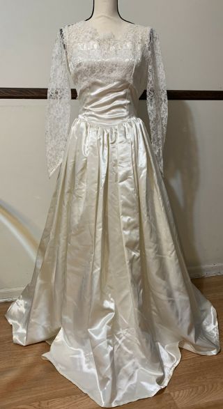 Vtg Ivory Silk Satin Wedding Prom Dress W/ Lace Small? Handmade