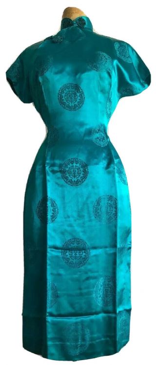 Fab Emerald Green Vintage Chinese Silk Shift Dress Circa 1960s