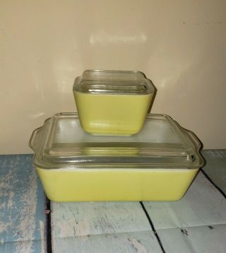2 Vintage Pyrex Yellow Refrigerator Dishes And Lids 503 & 501
