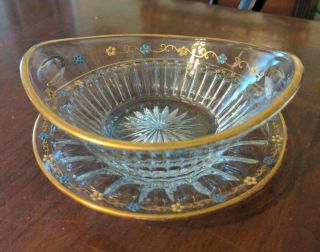 Antique Heisey Glass Oval Bowl & Saucer Handpainted Enamel Decoration