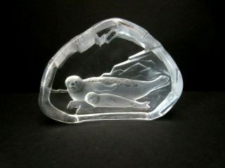 Nybro Sweden Etched Crystal Lead Glass Sculpture Paperweight Seal,  Baby Ss