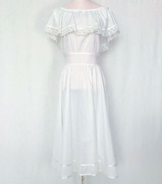 1980s Vintage Gunne Sax Midi Dress White Cotton Prairie Ruffle Drop Shoulders