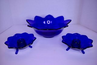 Vintage Cobalt Blue Glass Lotus Flower Fenton Bowl W/ 2 Candle Holders C