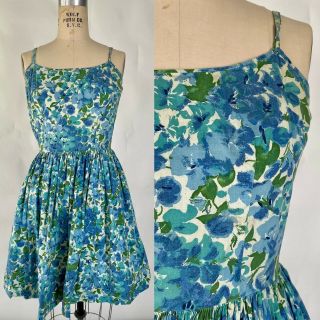 Vintage 1950s 60s Handmade Floral Watercolor Blue Green Cotton Sundress Dress M