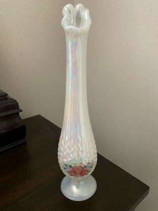 Vintage Fenton Art Glass Iridescent Opalescent Bud Vase Heart And Roses