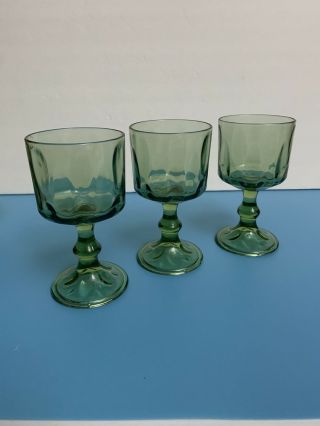 Vintage Light Green Glass Long Thumbprint Pattern Goblet Wine Glass Set Of 3