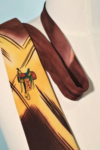 Vintage 40s/50s Saddle,  Western Style Hand Painted Silk Tie