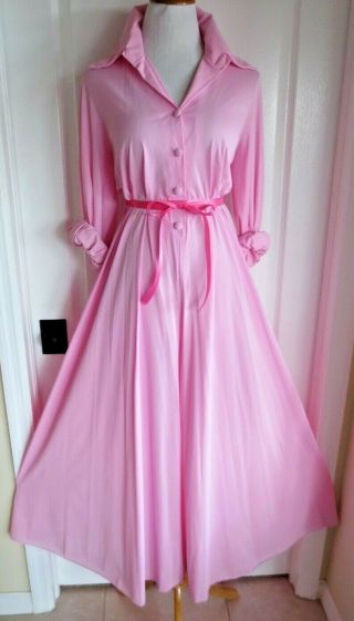 Vintage 60s Bubblegum Pink Nylon Palazzo Wide Leg Jumpsuit Button Larger Size