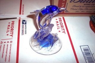 7 " Lead Crystal Glass Dolphin Jumping Waves Cobalt Blue Cristal D’ Arques France
