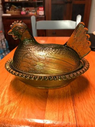 Vintage Indiana Glass 7 " Hen On Nest Covered Trinket / Candy Dish Clear Green