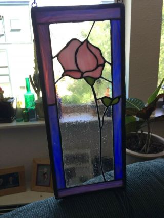 Vintage Stained Glass Window Suncatcher With Chain 6 " X 14 " Colors Flower