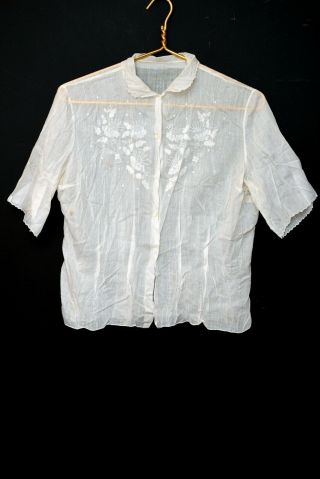 Vintage 1940s Semi Sheer White Embroidered Cotton Blouse Top Size Medium