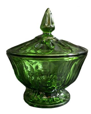 Vntg Mcm Retro Fairfield Anchor Hocking Green Glass Candy Compote With Lid