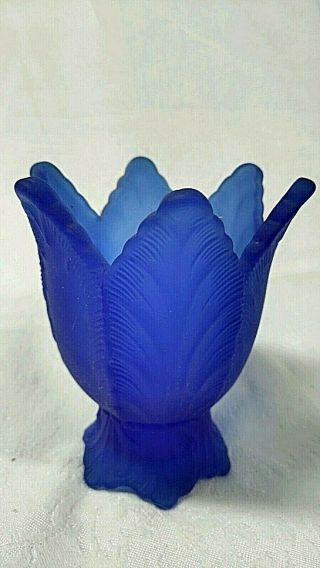 Fenton Satin Cobalt Blue Two Way Candle Holder Votive Taper Feather Pattern