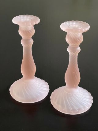 Vintage Fostoria Colony Swirl Pink Satin Glass Candlestick Holders Set Of 2