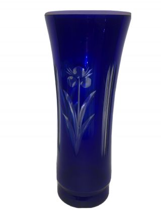 Badash ? Cobalt Blue Cut To Clear Crystal Art Glass Vase 10.  5 "