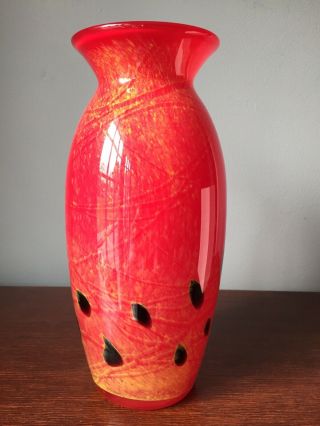 Murano Style Art Glass Red Vase 11 1/2 Inch Tall