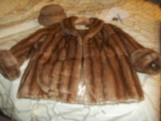 Vintage Brown Mink Fur Coat Jacket Stole Wrap Women Size L,  Hat