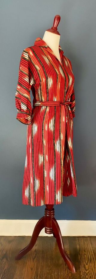 Vintage 1970’s Black,  Red & White Striped Dress With Short Sleeves And Belt