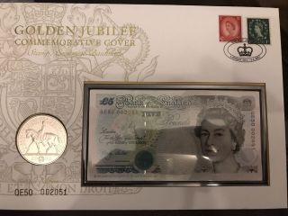 Gb Fdc Pnc Unc £5 Coin & Note Qe50 Qe2 Golden Jubilee London Postmark 6.  2.  2002