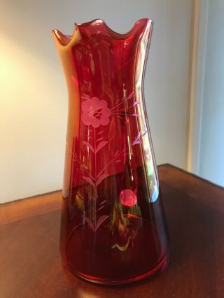 Bohemian Etched Cranberry Red Hand Crafted Glass Pitcher 10 1/2 "