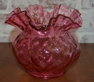 Vtg Fenton Cranberry Mulberry Pink Melon Glass Vase Ruffle Top Diamond Optic