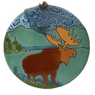 Big Bull Moose Fused Art Glass Ornament Sun Catcher Handmade 4”