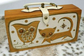 Vtg 1965 Enid Collins Of Texas Owl & Pussycat Wood Box Bag Purse Jeweled Handbag