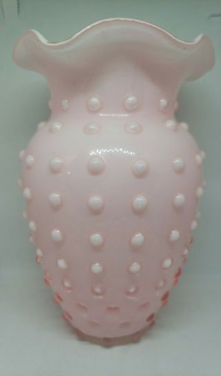 Vintage Fenton Light Baby Pink Overlay Hobnail Vase,  Medium