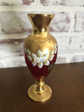 Murano Art Glass Bud Vase Ruby Red Gold Enamel Flowers 6 " Euc Italy 24k Venetian