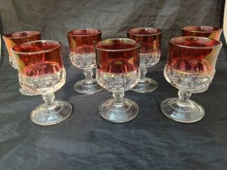 7 Vtg Indiana Glass Ruby Kings Crown Thumbprint Cordial Glasses 4.  25 " 1/2 Cup
