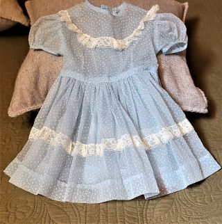 Vintage Girls Blue And White Polka Dot Sheer Dress 1950 