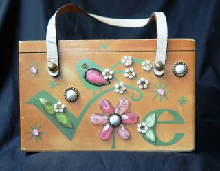 Vintage Enid Collins Of Texas Love Wood Box Bag Mod 1960’s Pink - Green - Bird