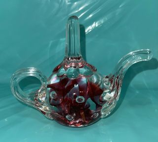 Vintage Joe St Clair Clear Glass Teapot Ring Holder Paperweight Red Flowers