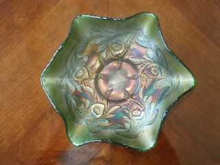 Vintage Antique Fenton Carnival Glass Heart & Vine Ruffled Rim Bowl Green