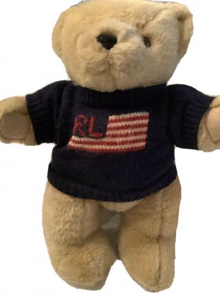 Vintage 1996 Ralph Lauren Polo 14 " Teddy Bear Usa Stuffed Plush Flag Sweater