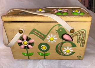 Vintage Enid Collins Of Texas Love Wood Box Bag Mod 1960’s Flowers Pink Yellow (j
